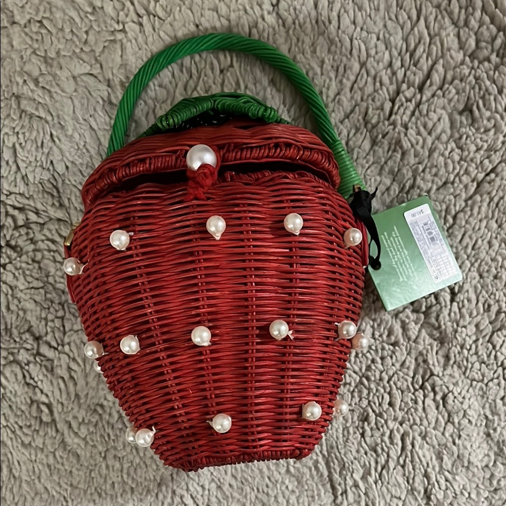 Kate Spade Red Wicker Handbag with Pearl Accents